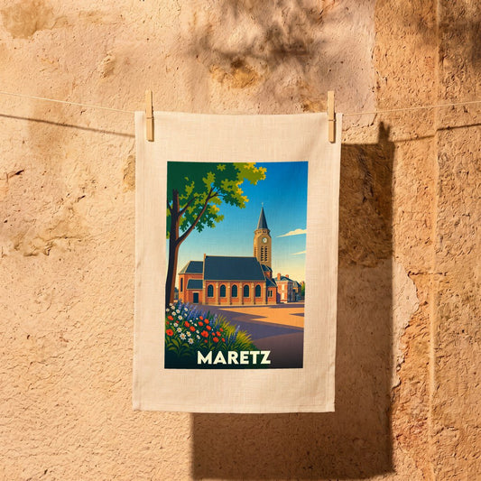 Torchon souvenir de la ville de Maretz avec une illustration stylisée de son église.