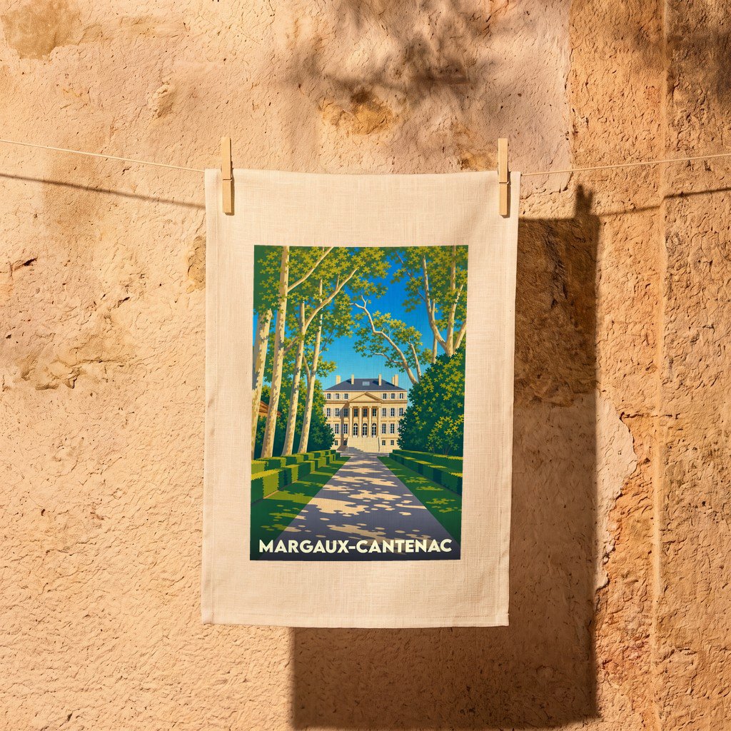Torchon souvenir de Margaux-Cantenac illustré d'un château de style classique dans un domaine arboré.