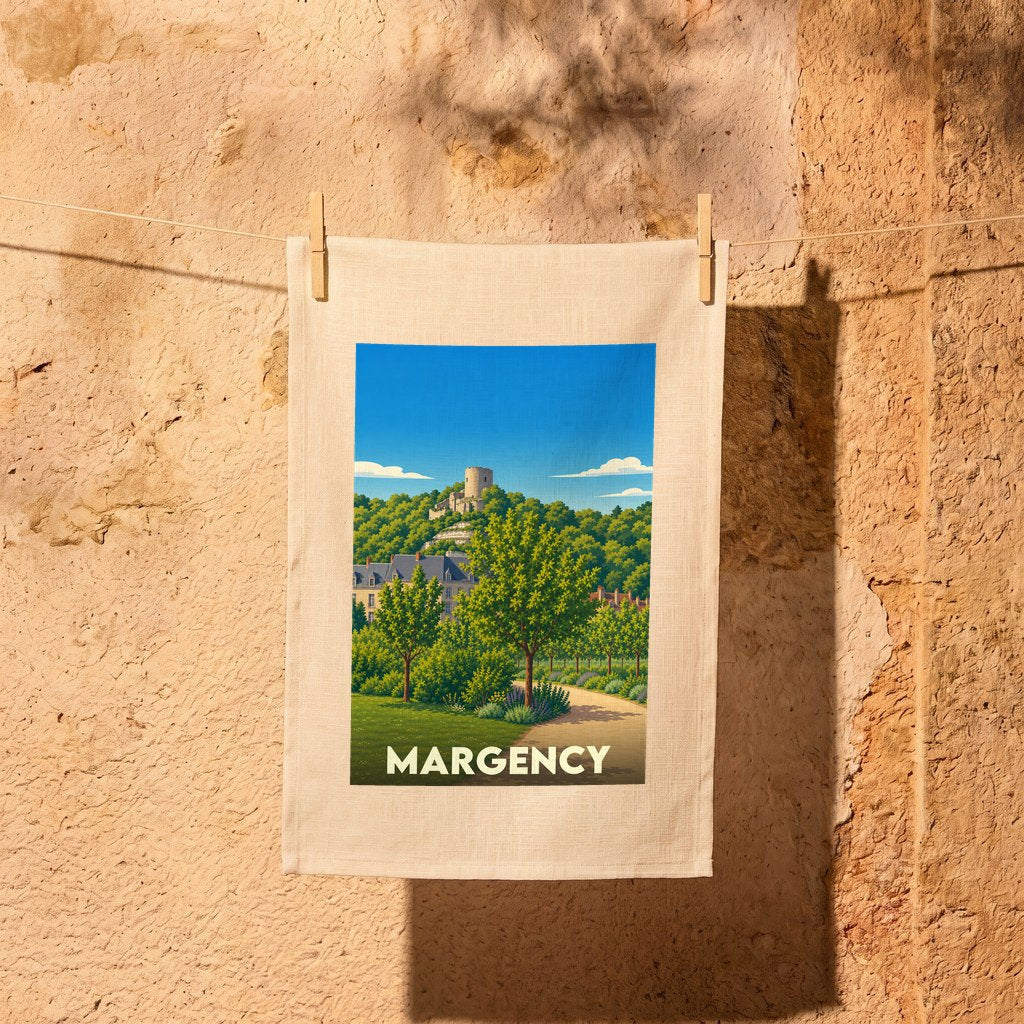 Torchon souvenir de la ville de Margency avec une illustration stylisée d'un paysage arboré et d'un château.