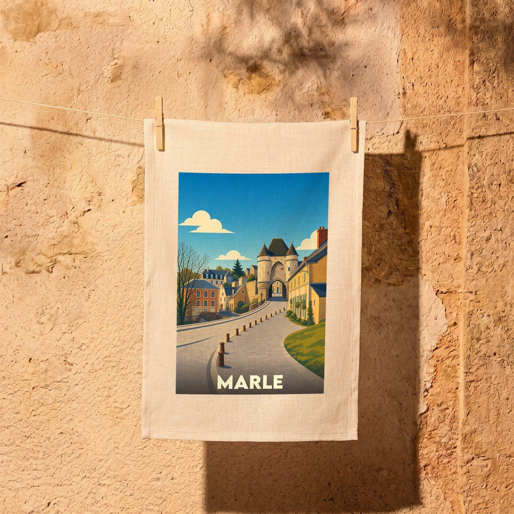 Torchon souvenir de la ville de Marle avec une illustration stylisée d'une porte médiévale.
