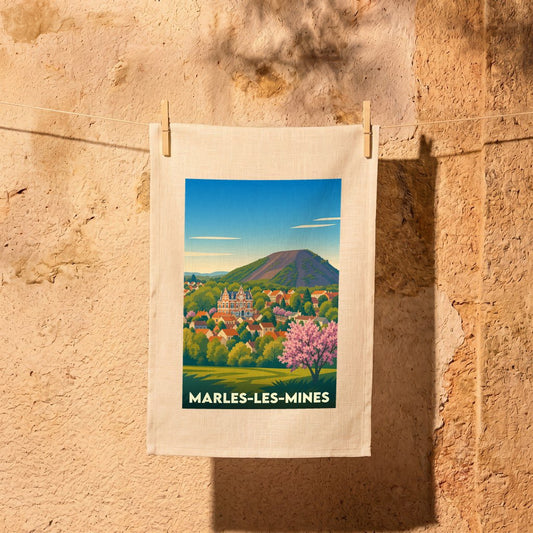Torchon souvenir de la ville de Marles-les-Mines avec une illustration stylisée.