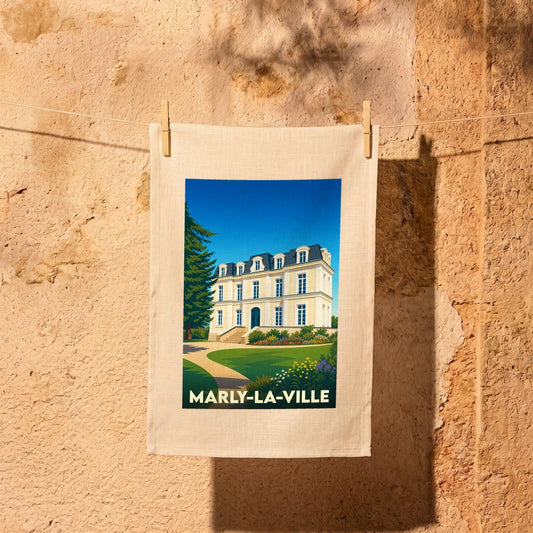 Torchon souvenir de la ville de Marly-la-Ville avec une illustration stylisée d'une demeure bourgeoise.