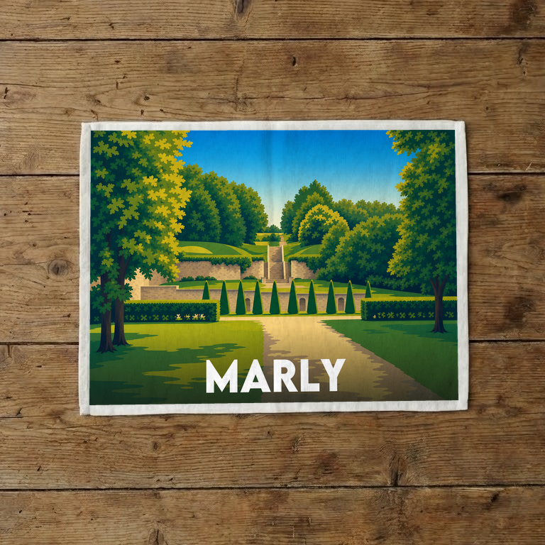 Torchon souvenir de la ville de Marly avec une illustration stylisée de ses jardins.