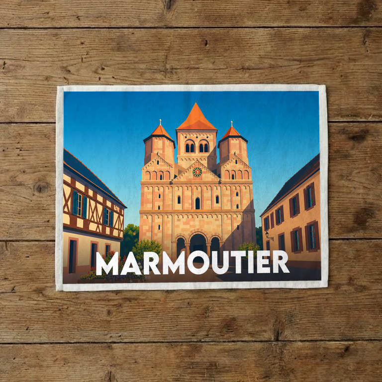 Torchon souvenir de la ville de Marmoutier avec une illustration stylisée de son abbaye.
