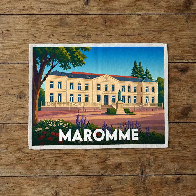 Torchon souvenir de la ville de Maromme avec une illustration stylisée de son hôtel de ville.
