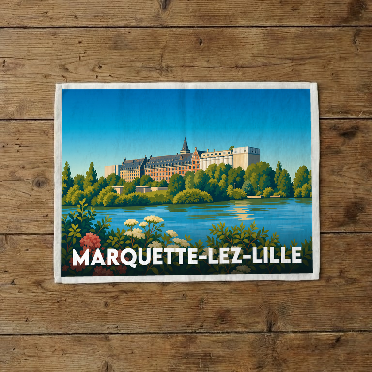 Torchon souvenir de la ville de Marquette-lez-Lille avec une illustration stylisée d'un bâtiment au bord de l'eau.