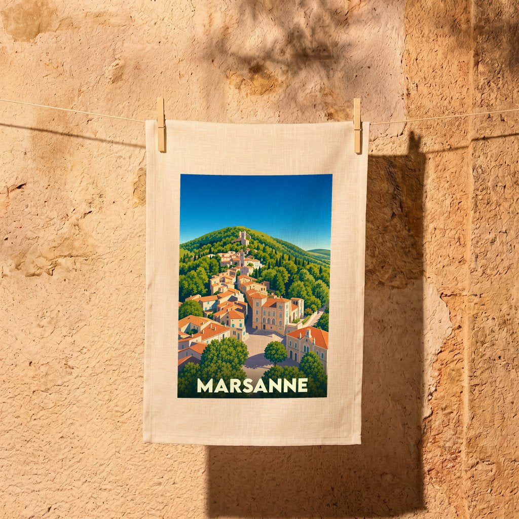 Torchon souvenir de la ville de Marsanne avec une illustration stylisée d'un village perché.