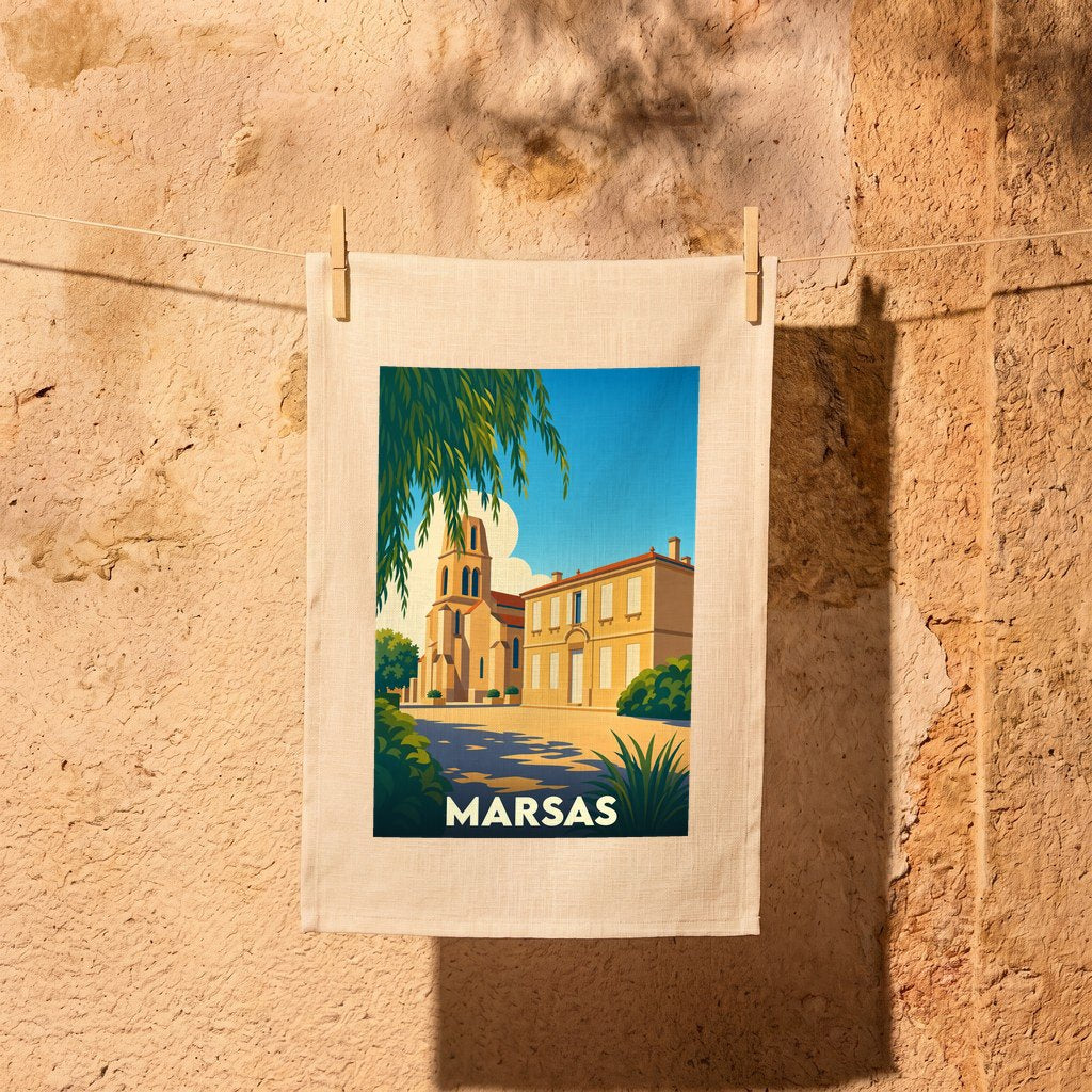 Torchon souvenir de la ville de Marsas avec une illustration stylisée.