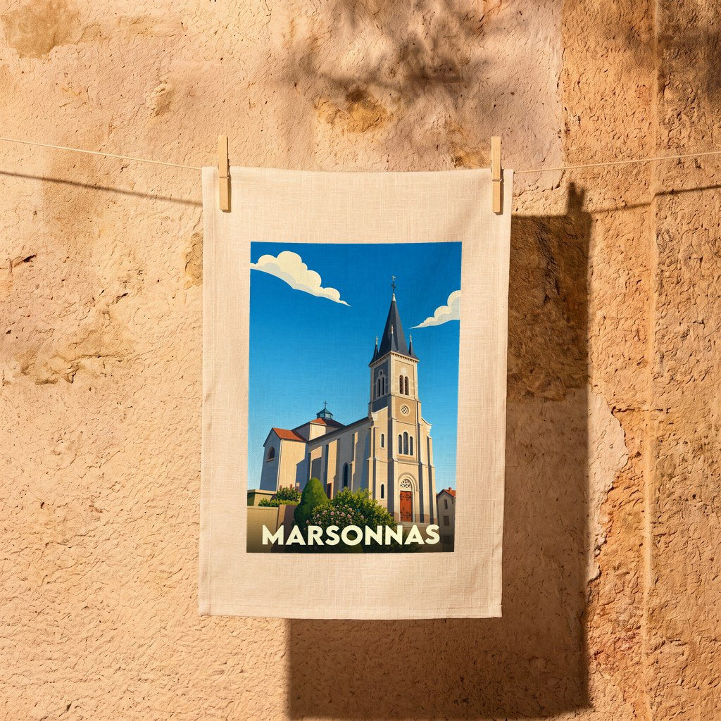 Torchon souvenir de la ville de Marsonnas avec une illustration stylisée de son église.