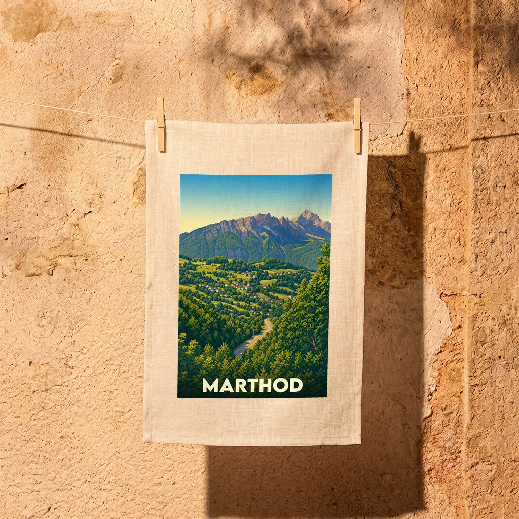 Torchon souvenir de la ville de Marthod illustré d'un paysage de montagne et de vallée.