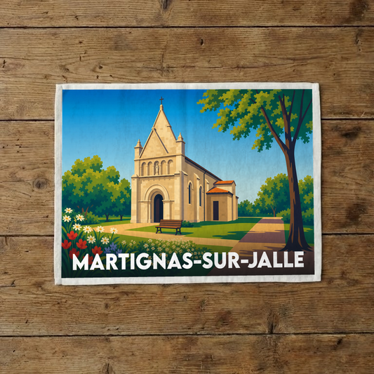 Torchon souvenir de la ville de Martignas-sur-Jalle avec une illustration stylisée de son église.