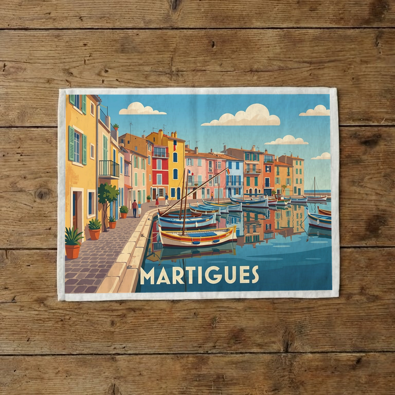 Torchon souvenir de la ville de Martigues avec une illustration stylisée de son port coloré.