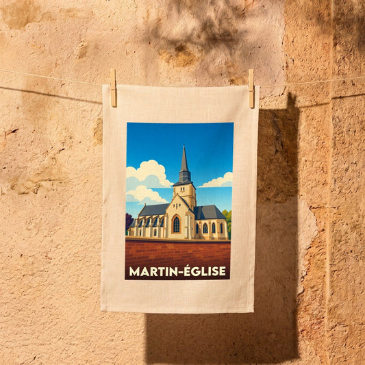 Torchon souvenir de la ville de Martin-Église illustré d'une église de style vintage.