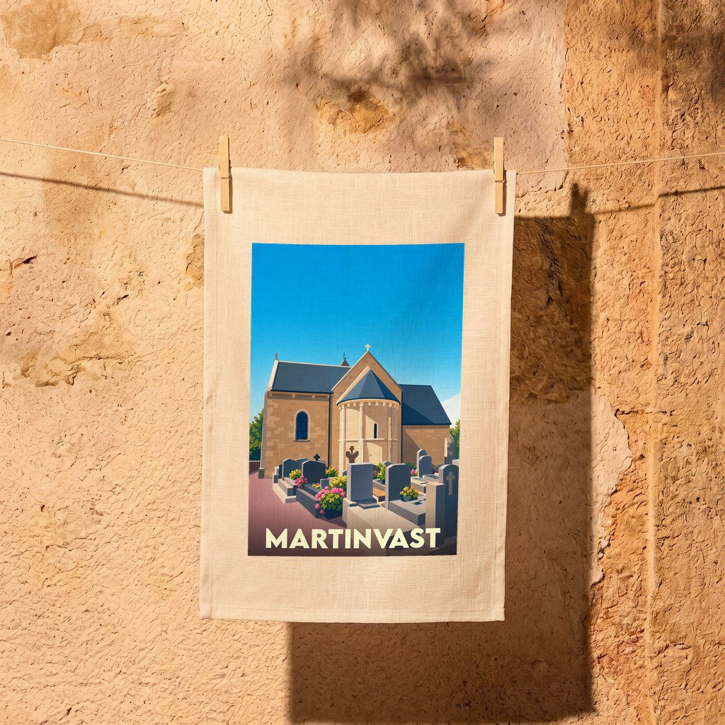 Torchon souvenir de la ville de Martinvast avec une illustration stylisée de son église et de son cimetière.