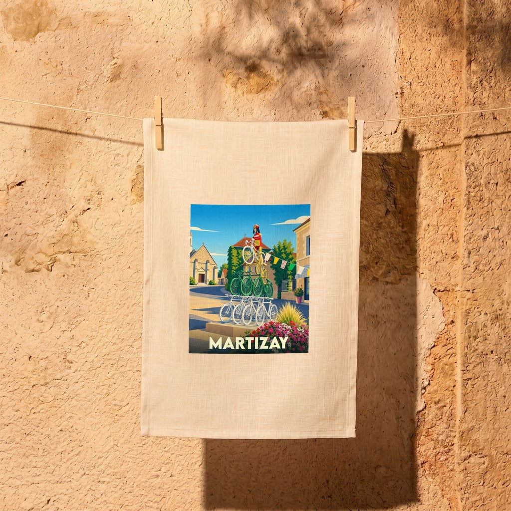 Torchon souvenir de la ville de Martizay avec une illustration stylisée d'un monument de vélos.