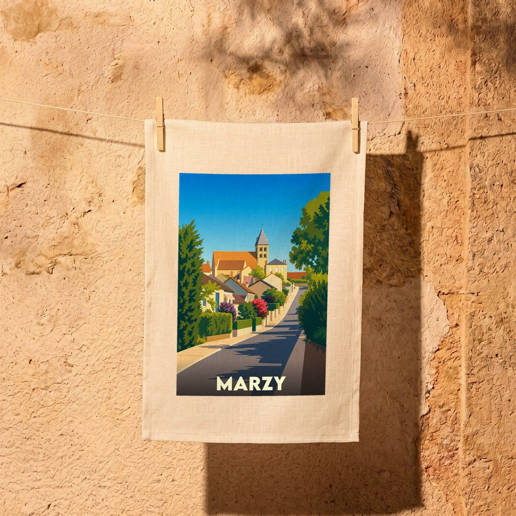 Torchon souvenir de la ville de Marzy avec une illustration stylisée d'un paysage urbain.