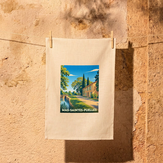 Torchon souvenir de la ville de Mas-Saintes-Puelles avec une illustration stylisée.
