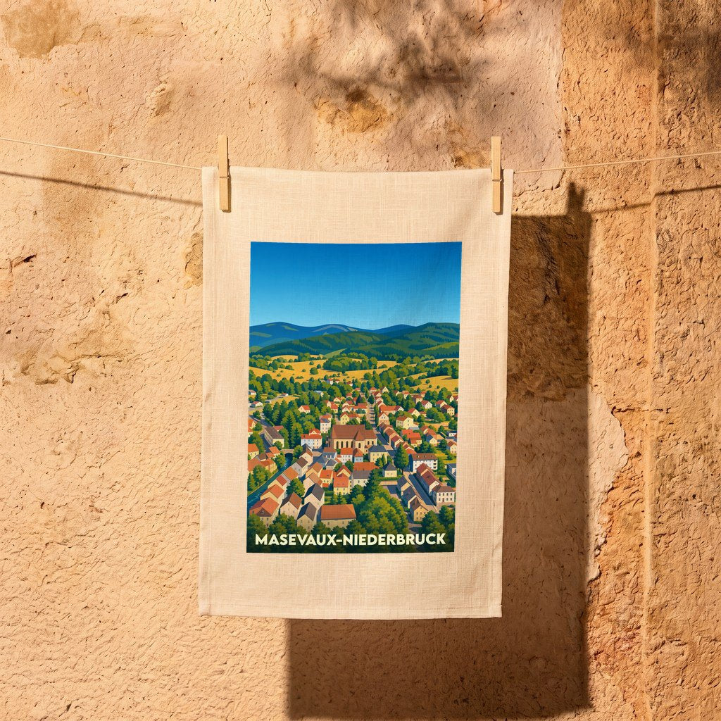 Torchon souvenir de la ville de Masevaux-Niederbruck avec une illustration stylisée.