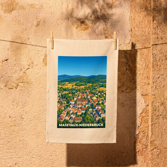 Torchon souvenir de la ville de Masevaux-Niederbruck avec une illustration stylisée.