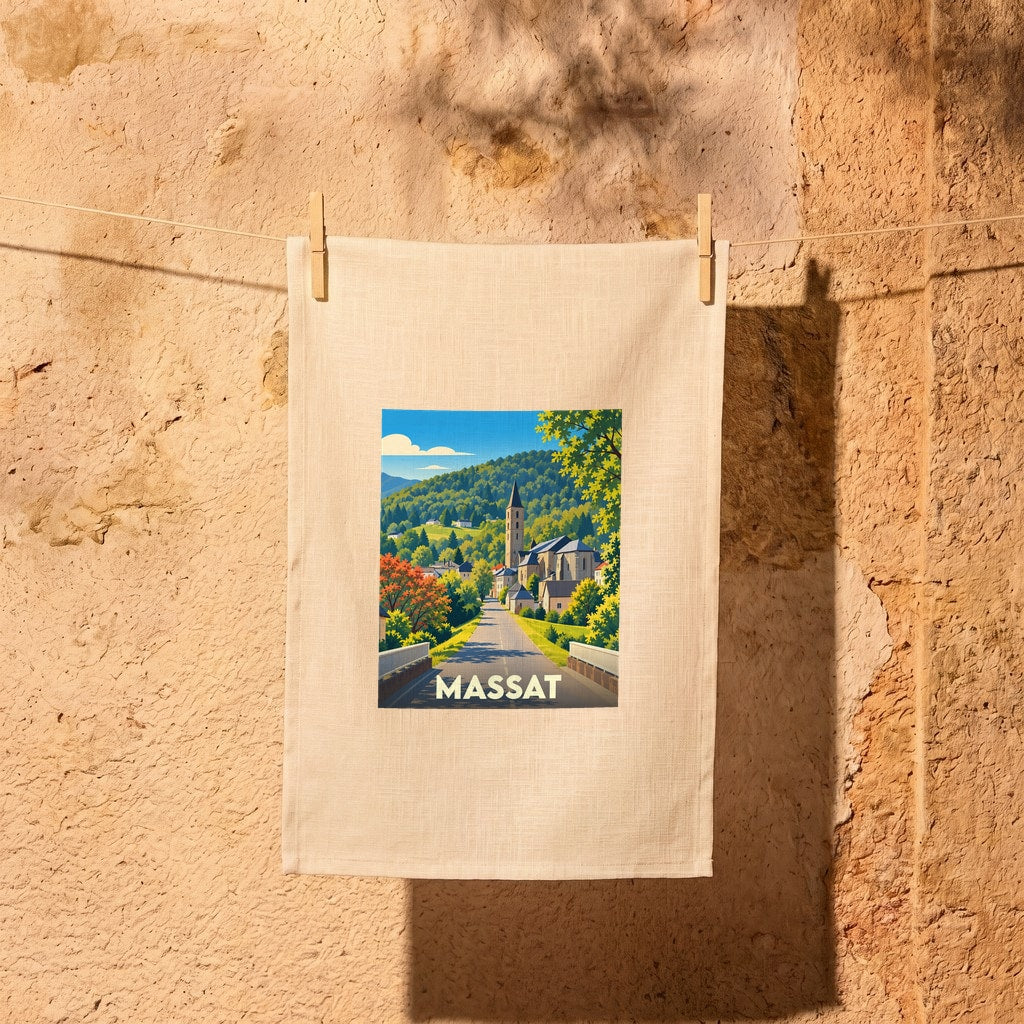 Torchon souvenir de la ville de Massat avec une illustration stylisée d'un paysage de montagne.