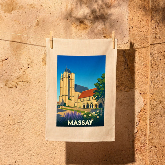 Torchon souvenir de la ville de Massay illustré d'une vue stylisée de son église abbatiale.
