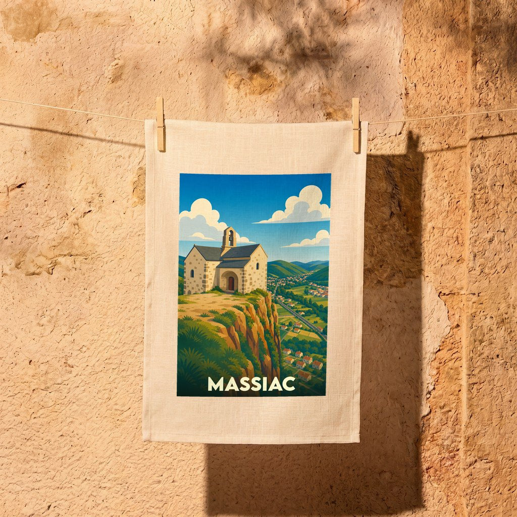 Torchon souvenir de la ville de Massiac orné d'une illustration stylisée de sa chapelle sur un éperon rocheux.