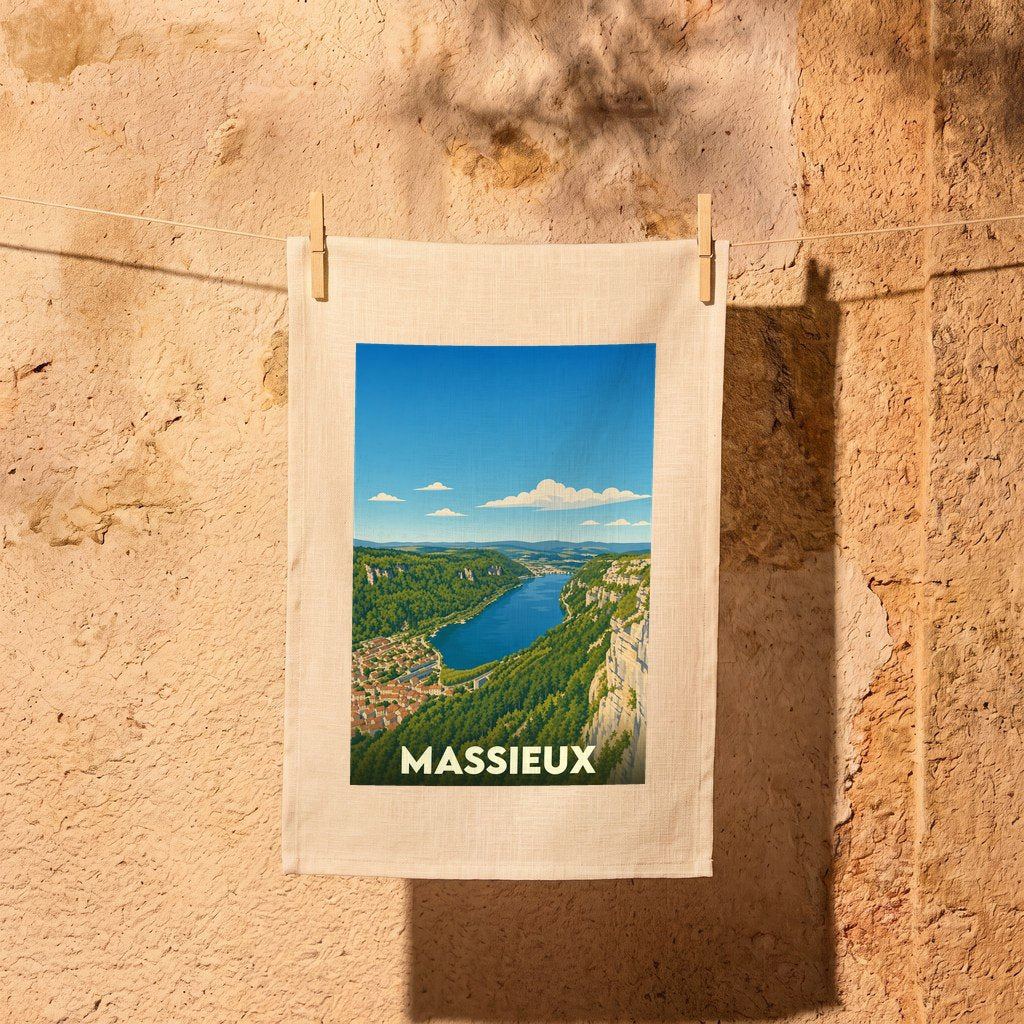 Torchon souvenir de la ville de Massieux avec une illustration paysagère stylisée.