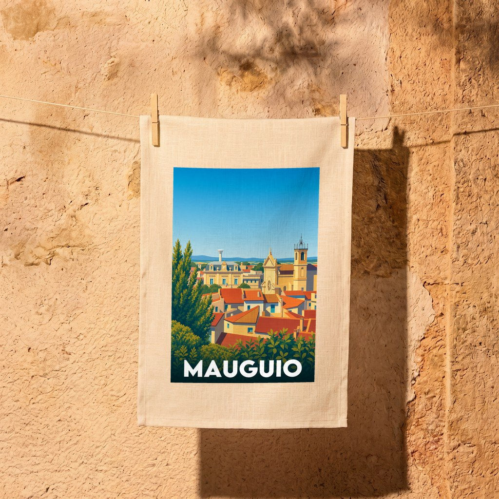 Torchon souvenir de la ville de Mauguio avec une illustration stylisée.