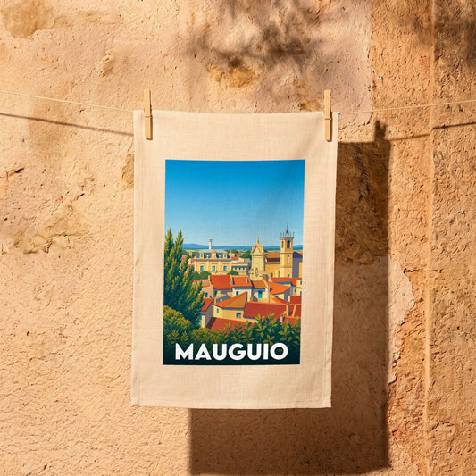 Torchon souvenir de la ville de Mauguio avec une illustration stylisée.