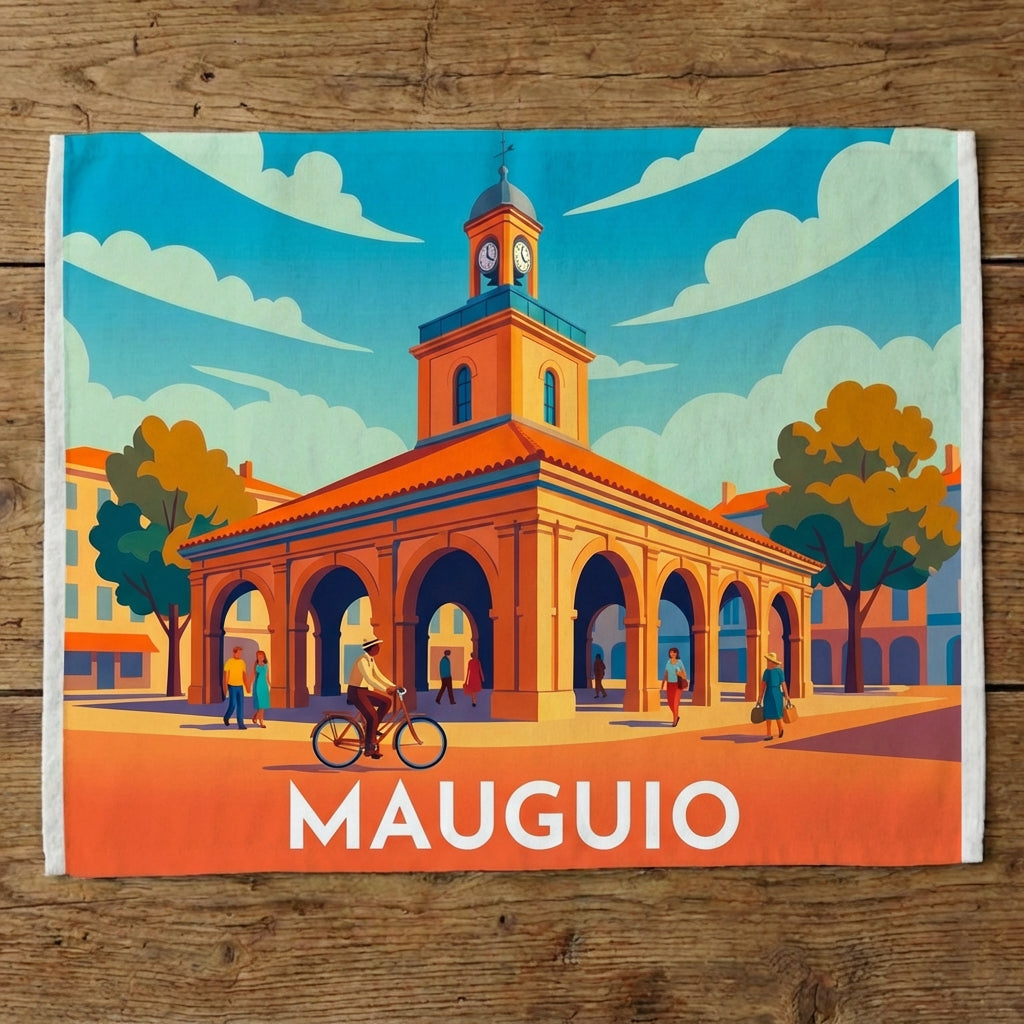 Torchon souvenir de la ville de Mauguio avec une illustration stylisée de son architecture centrale.