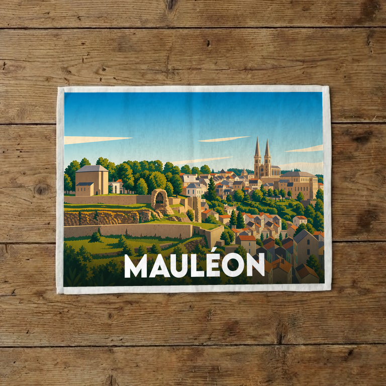 Torchon souvenir de la ville de Mauléon avec une illustration stylisée.