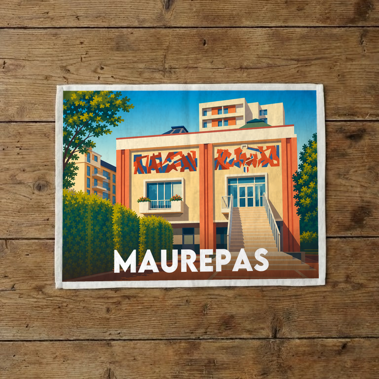 Torchon souvenir de la ville de Maurepas avec une illustration architecturale stylisée.