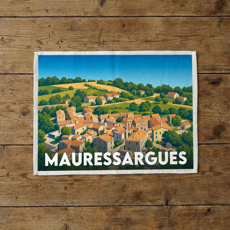 Torchon souvenir de la ville de Mauressargues avec une illustration stylisée.