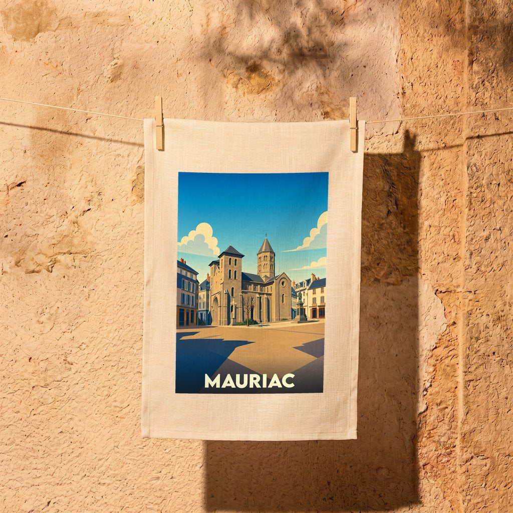 Torchon souvenir de la ville de Mauriac orné d'une illustration stylisée de son architecture.