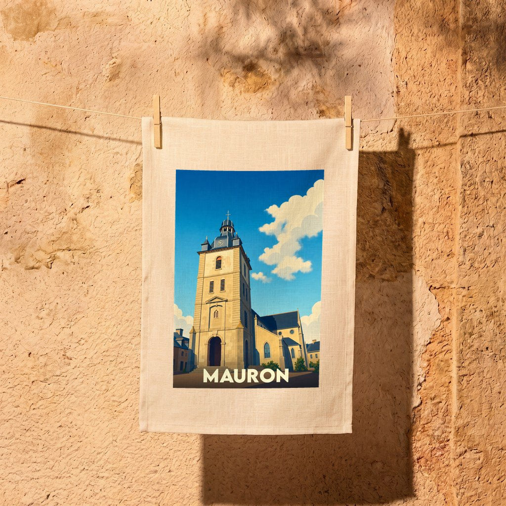 Torchon souvenir de la ville de Mauron avec une illustration stylisée de son église.