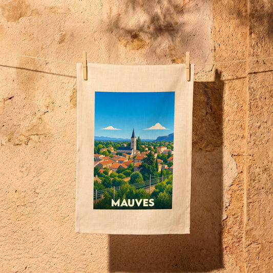 Torchon souvenir de la ville de Mauves avec une illustration stylisée.