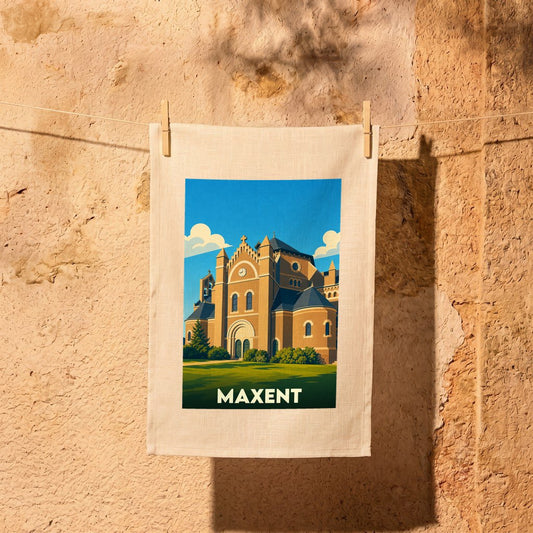 Torchon souvenir de la ville de Maxent illustré d'une église de style néo-roman.