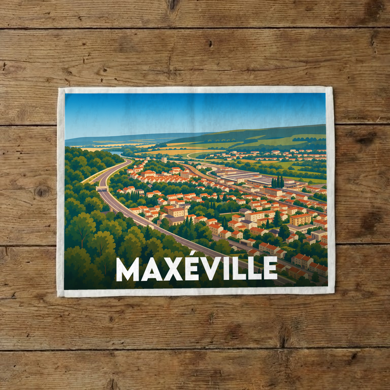 Torchon souvenir de la ville de Maxéville avec une illustration stylisée d'un paysage urbain.