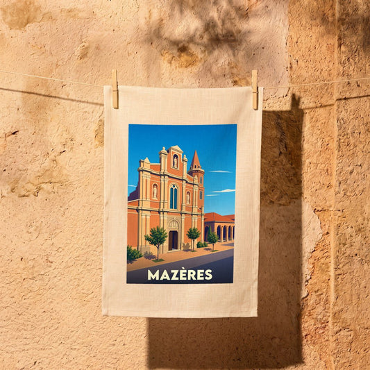 Torchon souvenir de la ville de Mazères avec une illustration stylisée de son église et de son architecture locale.