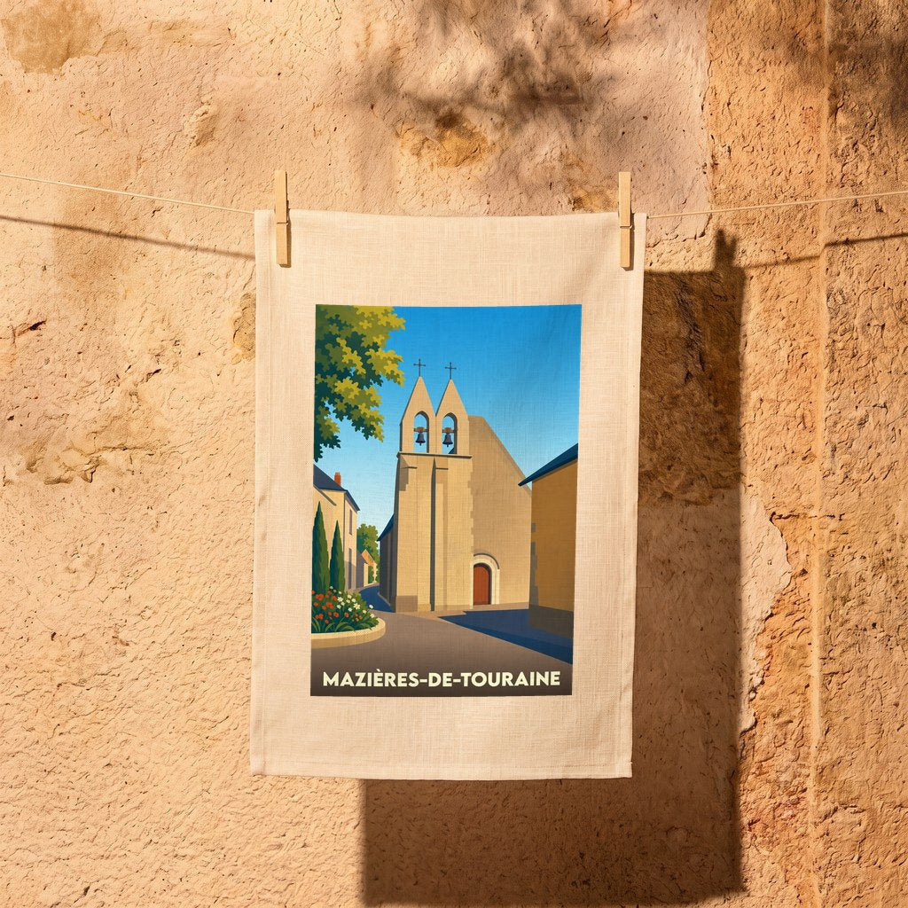Torchon souvenir de la ville de Mazières-de-Touraine avec une illustration stylisée de son église.
