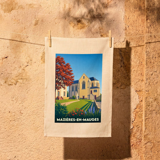 Torchon souvenir de la ville de Mazières-en-Mauges illustré d'un dessin stylisé de son église.