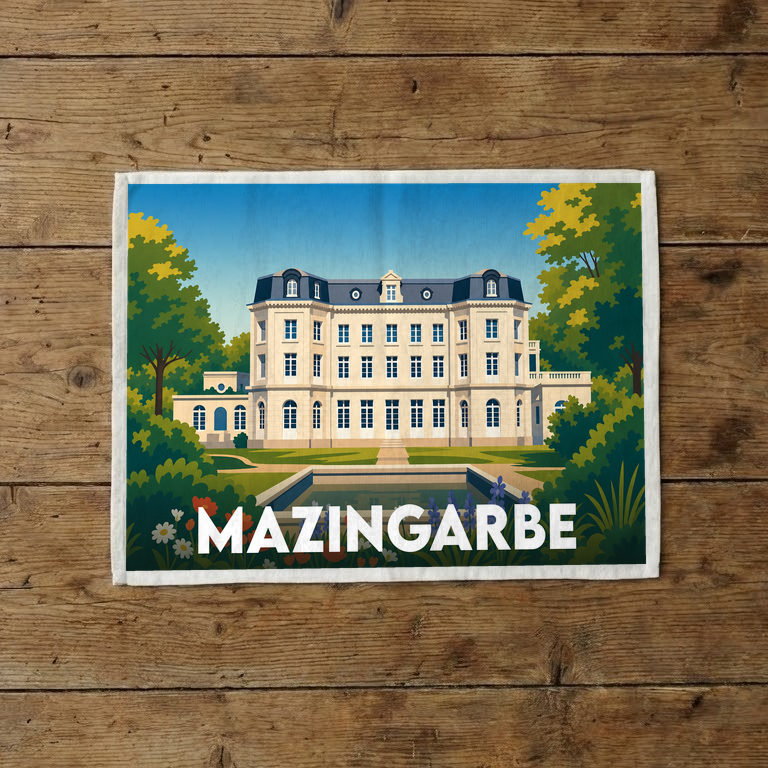 Torchon souvenir de la ville de Mazingarbe illustré d'une vue stylisée de son château dans un parc arboré.