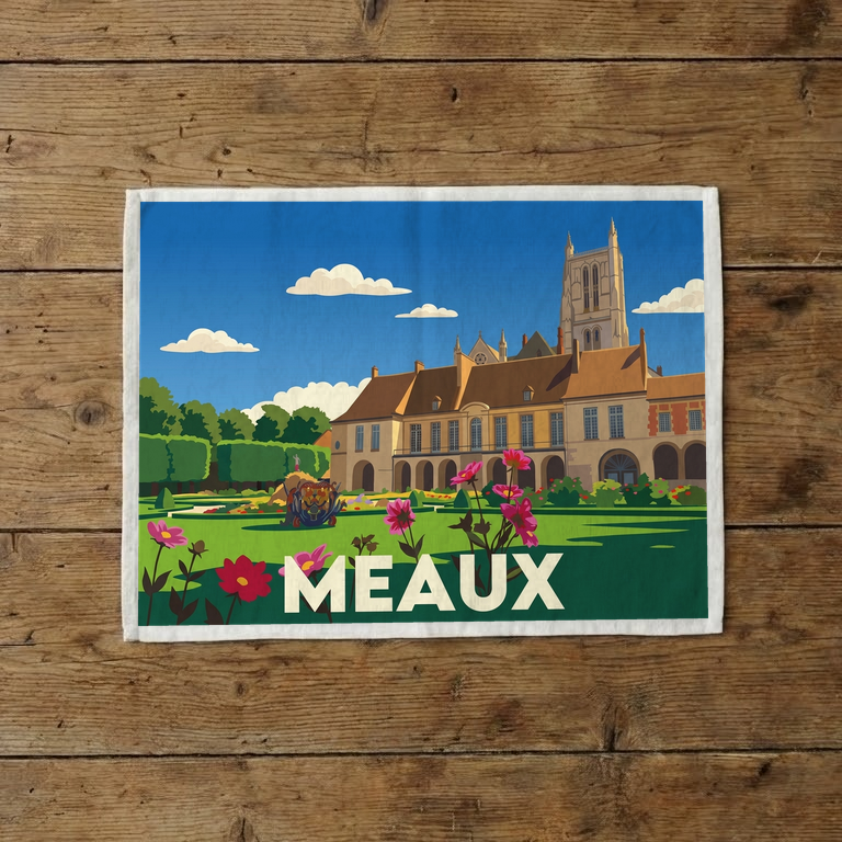 Torchon souvenir de la ville de Meaux avec une illustration stylisée de ses monuments et jardins.