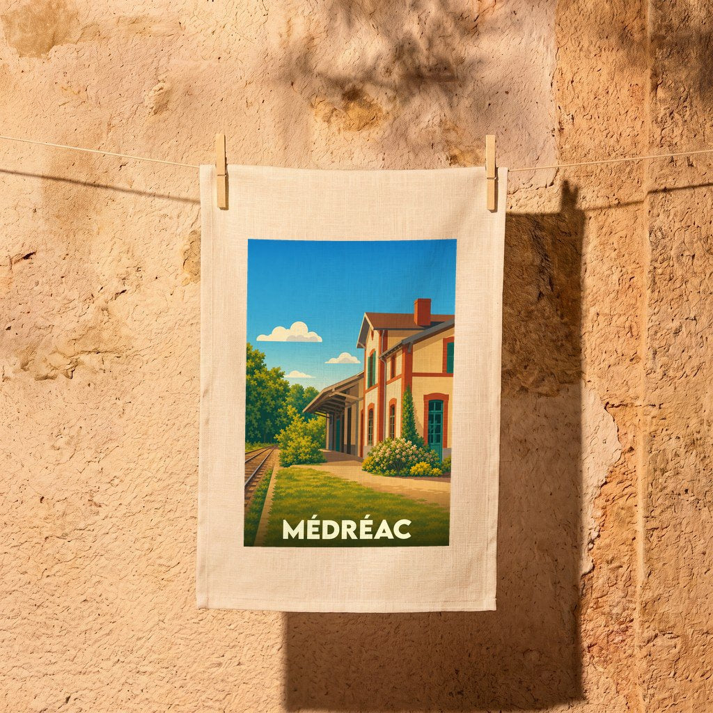 Torchon souvenir de la ville de Médréac illustré d'une gare stylisée, suspendu devant un mur en pierre.