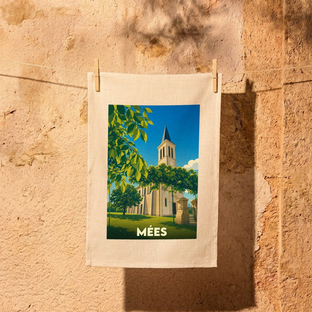 Torchon souvenir de la ville de Mées avec une illustration stylisée de son église.