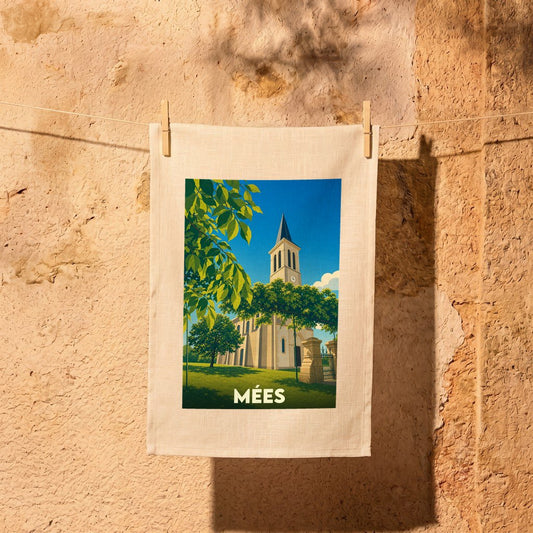 Torchon souvenir de la ville de Mées avec une illustration stylisée de son église.