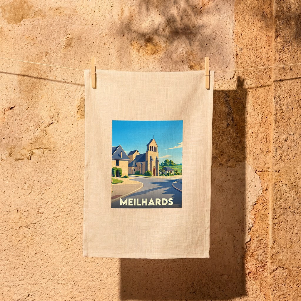Torchon de cuisine souvenir de la ville de Meilhards illustré d'un paysage urbain stylisé.