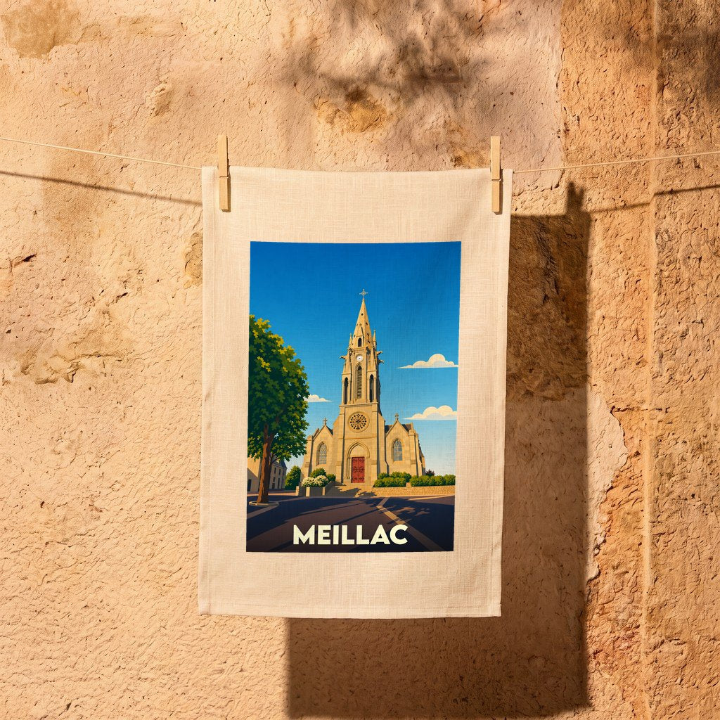 Torchon souvenir de la ville de Meillac avec une illustration stylisée de son église sous un ciel bleu.