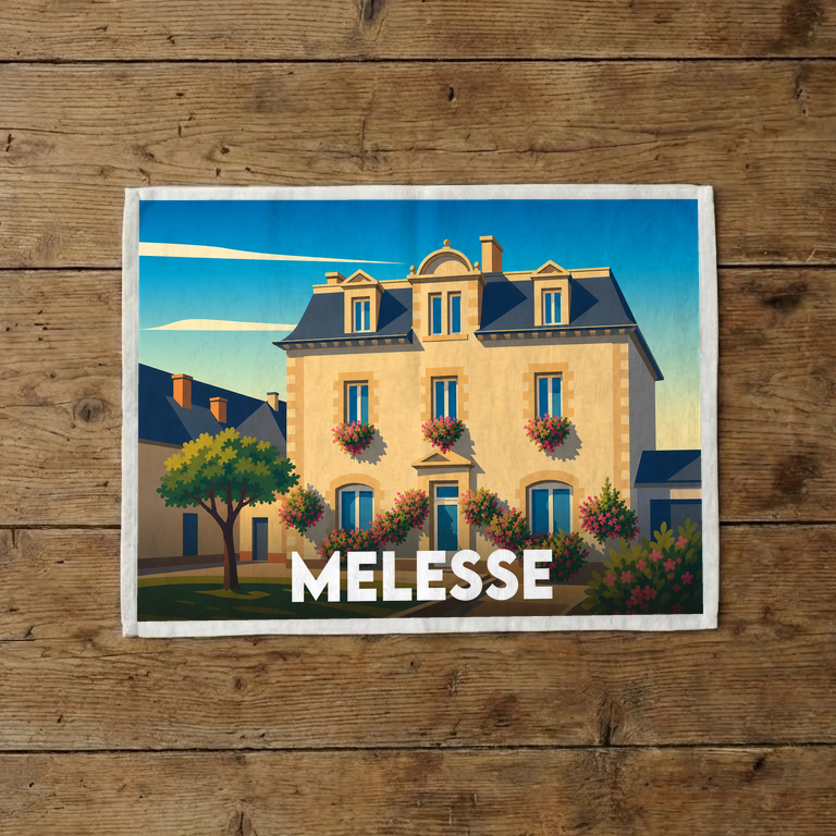 Torchon souvenir de la ville de Melesse avec une illustration stylisée d'une maison traditionnelle fleurie.