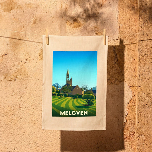 Torchon souvenir de la ville de Melgven avec une illustration stylisée.
